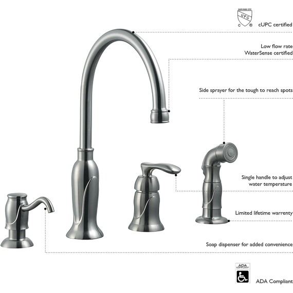 Design House 525808 Madison Single-Handle Kitchen Faucet with Side Sprayer and Soap Dispenser, Satin Nickel, 12"