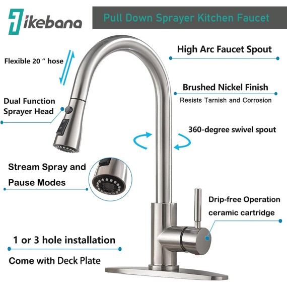 Kitchen Faucet with Sprayer, Brushed Nickel Kitchen Faucet, High Arc Single Handle Single Hole Stainless Steel Pull Out Kitchen Sink Faucet with Deck Plate Faucet for Kitchen Sink