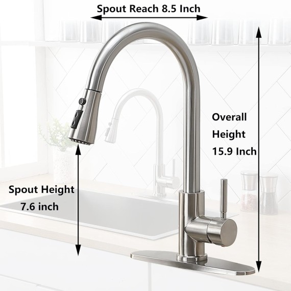 Kitchen Faucet with Sprayer, Brushed Nickel Kitchen Faucet, High Arc Single Handle Single Hole Stainless Steel Pull Out Kitchen Sink Faucet with Deck Plate Faucet for Kitchen Sink