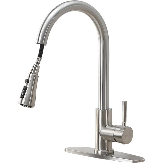 Kitchen Faucet with Sprayer, Brushed Nickel Kitchen Faucet, High Arc Single Handle Single Hole Stainless Steel Pull Out Kitchen Sink Faucet with Deck Plate Faucet for Kitchen Sink