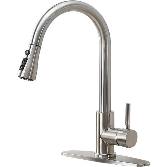 Kitchen Faucet with Sprayer, Brushed Nickel Kitchen Faucet, High Arc Single Handle Single Hole Stainless Steel Pull Out Kitchen Sink Faucet with Deck Plate Faucet for Kitchen Sink