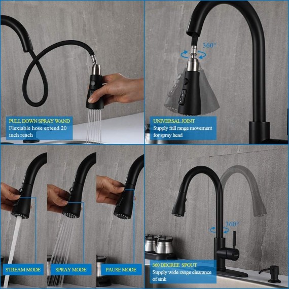 Matte Black Kitchen Faucet, Kitchen Sink Faucet with Pull Down Sprayer Single Handle Stainless Steel Commercial Modern for 1 or 3 Hole Farmhouse Camper Laundry Utility Rv Bar Sinks