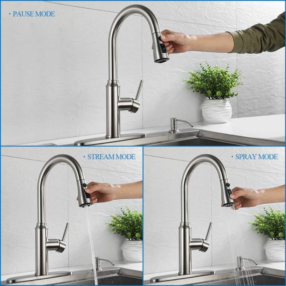 Kitchen Faucet with Pull Down Sprayer - Brushed Nickel Kitchen Sink Faucets 1/3 Hole Single Handle High Arc Stainless Steel Commercial Modern Faucet A01LY