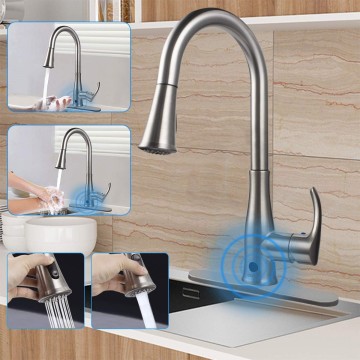 Kitchen Faucets with Pull Down Sprayer,Soosi Touchless Motion Sensor Single Handle Kitchen Faucet High Arc 2-Function Kitchen Sink Faucets Brushed Nickel One&3Hole Deck Mount Spot Free Stainless Steel