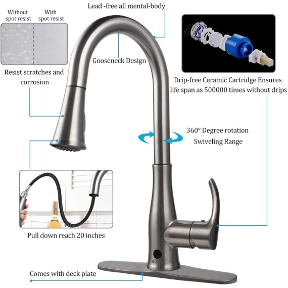 Kitchen Faucets with Pull Down Sprayer,Soosi Touchless Motion Sensor Single Handle Kitchen Faucet High Arc 2-Function Kitchen Sink Faucets Brushed Nickel One&3Hole Deck Mount Spot Free Stainless Steel