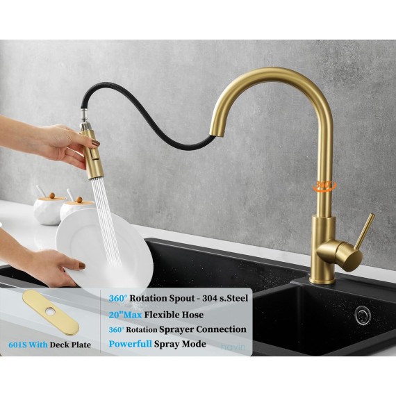 Gold Kitchen Faucet with Pull Down Sprayer, High Arc Stainless Steel Material, with cUPC Ceramic Cartridge,with 10" Deck Plate,Fit for 1 or 3 Holes Kitchen Sink or Laundry Sink,Brushed Gold