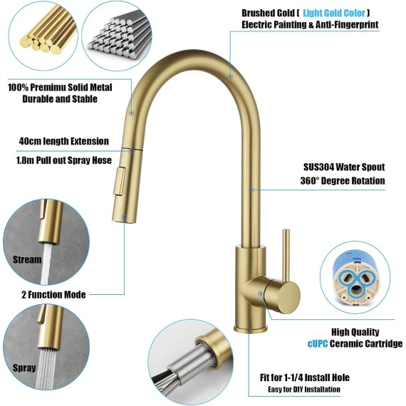 Gold Kitchen Faucet with Pull Down Sprayer, High Arc Stainless Steel Material, with cUPC Ceramic Cartridge,with 10" Deck Plate,Fit for 1 or 3 Holes Kitchen Sink or Laundry Sink,Brushed Gold