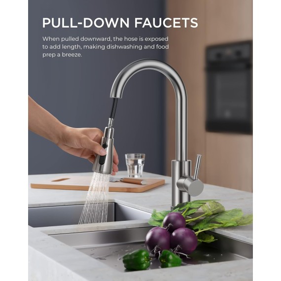 Kitchen Faucets, Brushed Nickel Kitchen Faucet with Pull Down Sprayer, High Arc Single Handle Stainless Steel Sink Faucets 1 or 3 Hole, Kitchen Sink Faucets for Farmhouse Camper Laundry Rv Bar