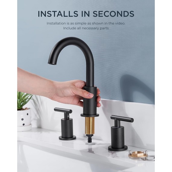 Matte Black Bathroom Faucet 3 Hole, 8 Inch Widespread Bathroom Faucet Black with Metal Pop-up Drain Assembly, Two Handle Vanity Faucet with cUPC Supply Lines, 8" Black Modern Bathroom Faucet