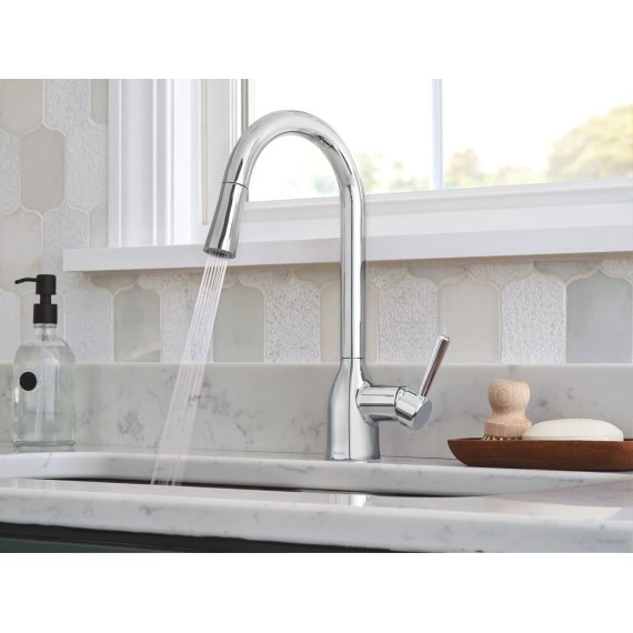 Adler Chrome One-Handle High Arc Kitchen Sink Faucet with Power Clean, Modern Kitchen Faucet with Pull Down Sprayer, 87233