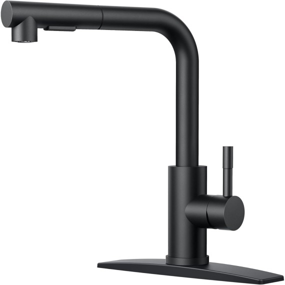 Kitchen Faucet Black, Kitchen Sink Faucets with Pull Down Sprayer, Commercial Pull Out Kitchen Faucet for Sink 1 or 3 Hole, Single Handle Stainless Steel Sink Faucet for Bar RV Laundry Outdoor