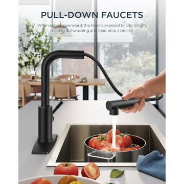 Kitchen Faucet Black, Kitchen Sink Faucets with Pull Down Sprayer, Commercial Pull Out Kitchen Faucet for Sink 1 or 3 Hole, Single Handle Stainless Steel Sink Faucet for Bar RV Laundry Outdoor