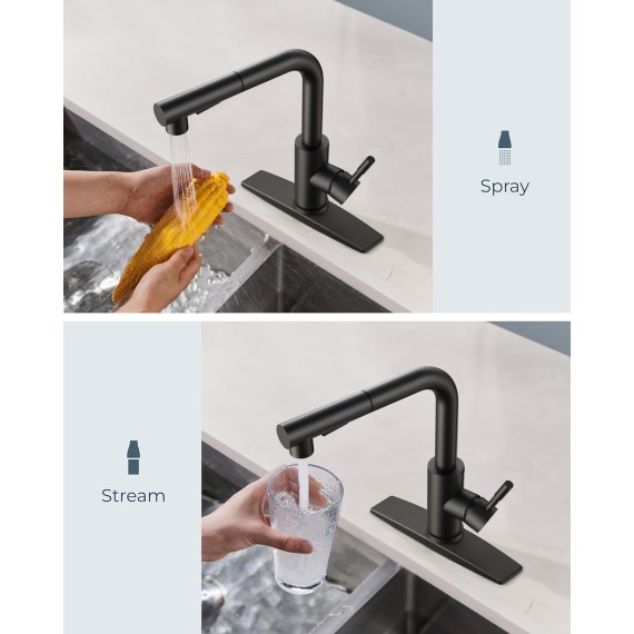 Kitchen Faucet Black, Kitchen Sink Faucets with Pull Down Sprayer, Commercial Pull Out Kitchen Faucet for Sink 1 or 3 Hole, Single Handle Stainless Steel Sink Faucet for Bar RV Laundry Outdoor