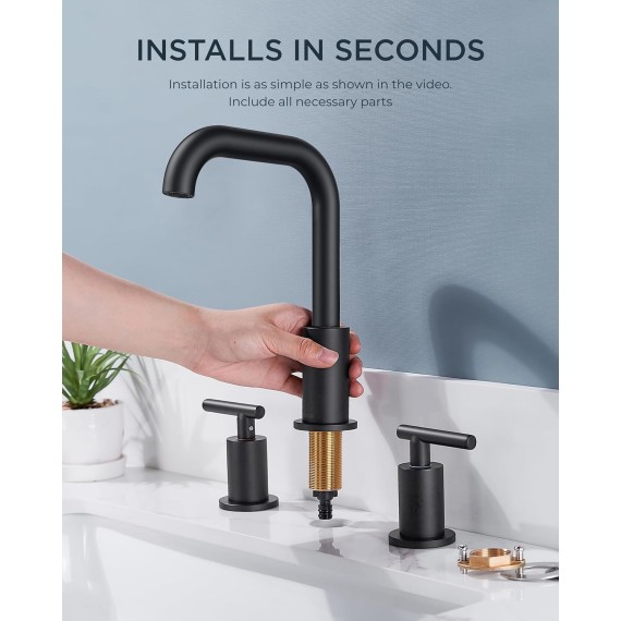 Black Bathroom Faucets 3 Hole, 8 Inch Widespread Matte Black Bathroom Faucet, Bathroom Sink Faucet with Drain and cUPC Supply Lines, 2 Handle Faucet for Bathroom Sink with 360°Swivel Spout