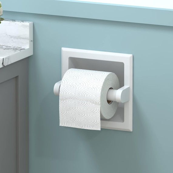 White Toilet Paper Holder Wall Mount, Bathroom Toilet Paper Holder White includes Rear Mounting Bracket, Recessed Toilet Paper Holder Spring Rod, White Toilet Paper Roll Holder