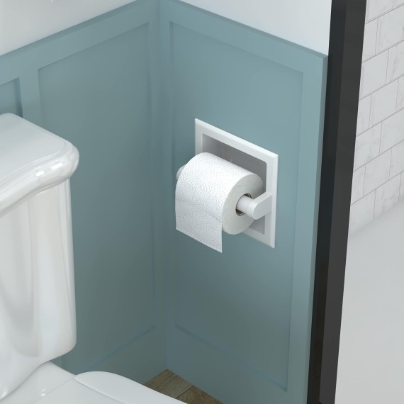 White Toilet Paper Holder Wall Mount, Bathroom Toilet Paper Holder White includes Rear Mounting Bracket, Recessed Toilet Paper Holder Spring Rod, White Toilet Paper Roll Holder