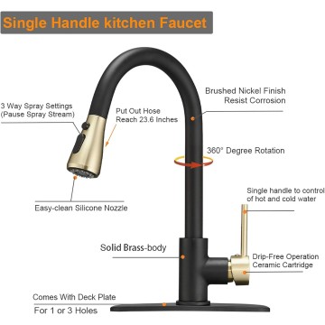 Commercial High-Arc Single Handle Kitchen Sink Faucet With Pull Out Sprayer,Rv kitchen Faucet With Pull Down Sprayer,3 Function Touch on Laundry Water Faucet, Brass/Gold Black(1 or 3 Hole)