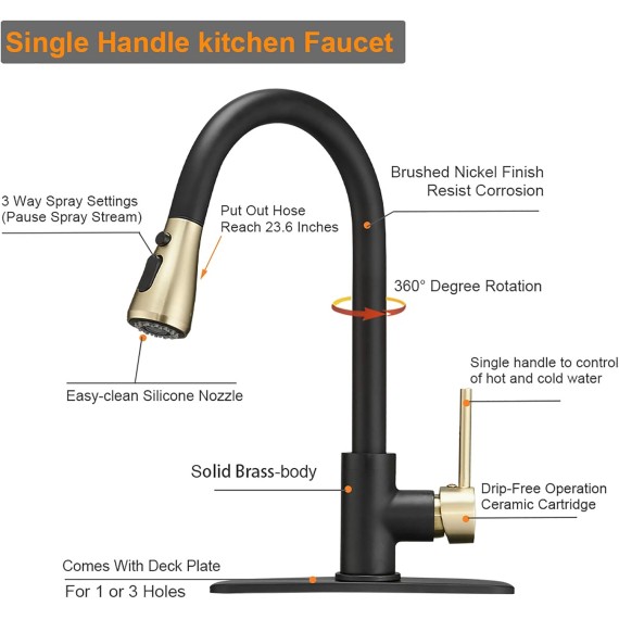 Commercial High-Arc Single Handle Kitchen Sink Faucet With Pull Out Sprayer,Rv kitchen Faucet With Pull Down Sprayer,3 Function Touch on Laundry Water Faucet, Brass/Gold Black(1 or 3 Hole)