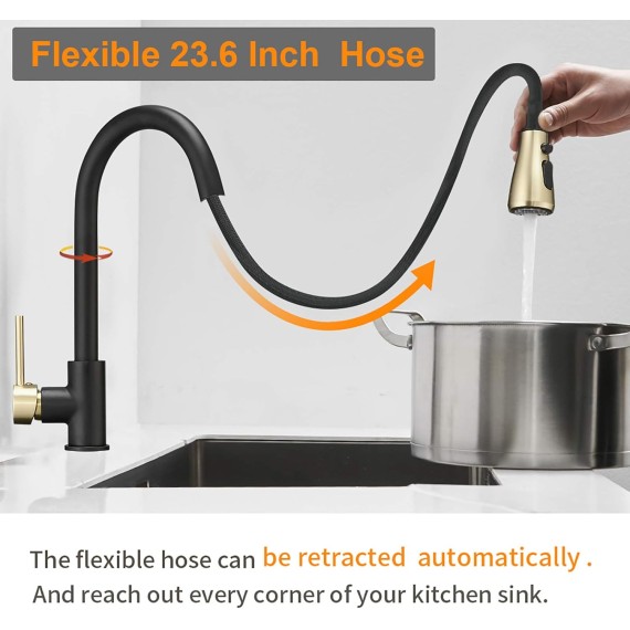 Commercial High-Arc Single Handle Kitchen Sink Faucet With Pull Out Sprayer,Rv kitchen Faucet With Pull Down Sprayer,3 Function Touch on Laundry Water Faucet, Brass/Gold Black(1 or 3 Hole)