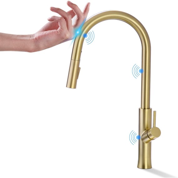 Touch Kitchen Faucet, Single Handle Brass Kitchen Sink Faucets with with 2 Function Pull Down Sprayer, Smart Kitchen Faucet Touch On Activated, Brushed Gold