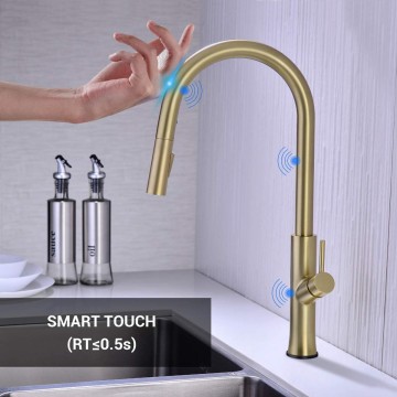 Touch Kitchen Faucet, Single Handle Brass Kitchen Sink Faucets with with 2 Function Pull Down Sprayer, Smart Kitchen Faucet Touch On Activated, Brushed Gold