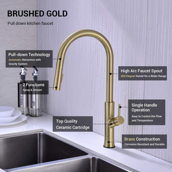 Touch Kitchen Faucet, Single Handle Brass Kitchen Sink Faucets with with 2 Function Pull Down Sprayer, Smart Kitchen Faucet Touch On Activated, Brushed Gold