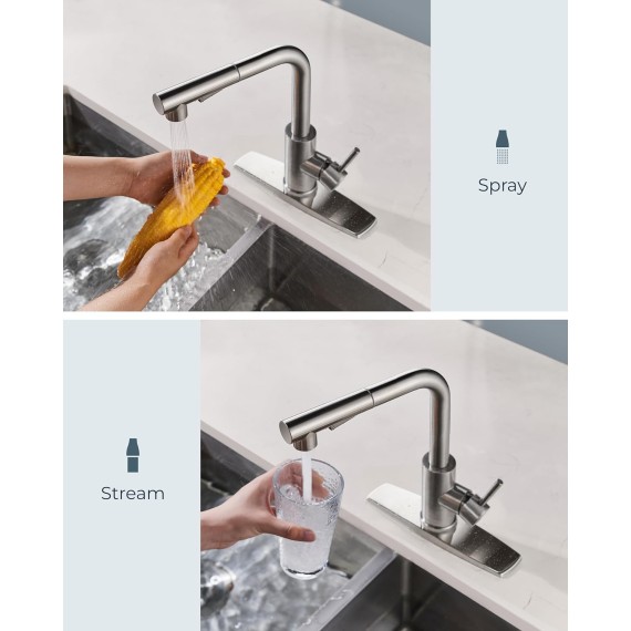 Kitchen Faucet, Brushed Nickel Kitchen Sink Faucet with Pull Down Sprayer, Commercial Pull Out Kitchen Faucet for Sink 1 or 3 Hole, Single Handle Stainless Steel Sink Faucet for Bar RV Laundry