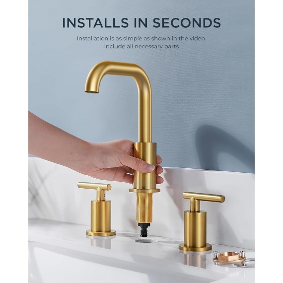 Brushed Gold Bathroom Faucets 3 Hole, 8 Inch Widespread Gold Bathroom Faucet, Bathroom Sink Faucet with Metal Pop-up Drain and cUPC Supply Lines, Faucet for Bathroom Sink with 360°Swivel Spout