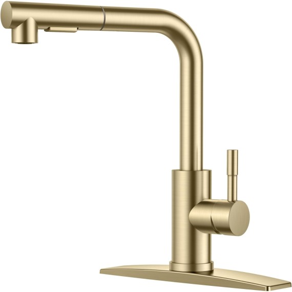 Gold Kitchen Faucet, Kitchen Sink Faucets with Pull Down Sprayer, Commercial Pull Out Kitchen Faucet for Sink 1 or 3 Hole, Single Handle Stainless Steel Sink Faucet for Bar RV Laundry Outdoor