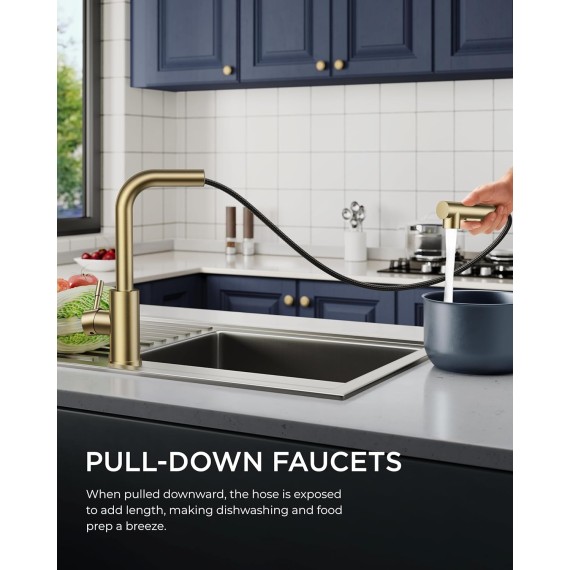 Gold Kitchen Faucet, Kitchen Sink Faucets with Pull Down Sprayer, Commercial Pull Out Kitchen Faucet for Sink 1 or 3 Hole, Single Handle Stainless Steel Sink Faucet for Bar RV Laundry Outdoor