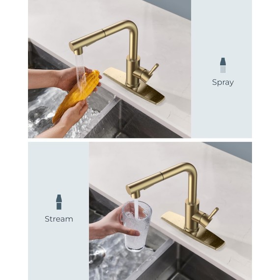 Gold Kitchen Faucet, Kitchen Sink Faucets with Pull Down Sprayer, Commercial Pull Out Kitchen Faucet for Sink 1 or 3 Hole, Single Handle Stainless Steel Sink Faucet for Bar RV Laundry Outdoor