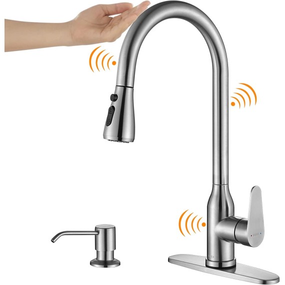 Touch Kitchen Faucet,KEER Smart Kitchen Sink Faucet with Pull Down Sprayer, Touch on Activated Kitchen Bar Sink Faucet Brushed Nickel, Stainless Steel