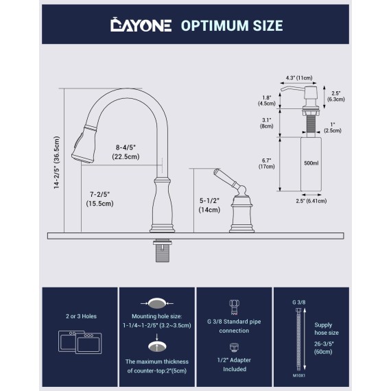 3 Holes Kitchen Sink Faucets with Pull Down Sprayer and Soap Dispenser, 2 Holes Brushed Nickel Sink Faucet for Kitchen by DAYONE, Single Handle High Arc, DAY-279BN