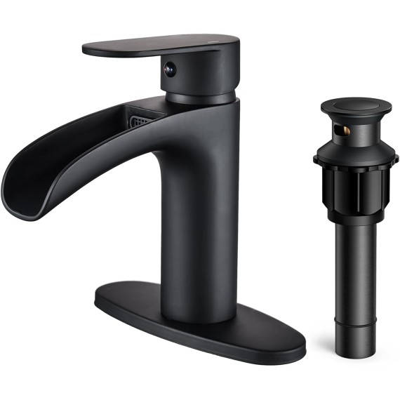 Black Waterfall Bathroom Faucet Single Handle, Single Hole Bathroom Faucets with Metal Pop up Drain, 6 inch Matte Black Bathroom Sink Faucet 1 Hole Waterfall Faucet, Brass Basin Faucet Black