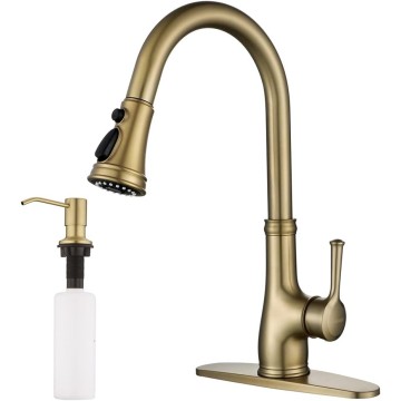 Gold Kitchen Sink Faucet with Pull Out Sprayer, Brushed Gold Copper Single Handle 1 Hole Pull Down Kitchen Faucet, Champagne Bronze,with Gold Soap Dispenser