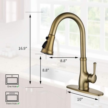 Gold Kitchen Sink Faucet with Pull Out Sprayer, Brushed Gold Copper Single Handle 1 Hole Pull Down Kitchen Faucet, Champagne Bronze,with Gold Soap Dispenser