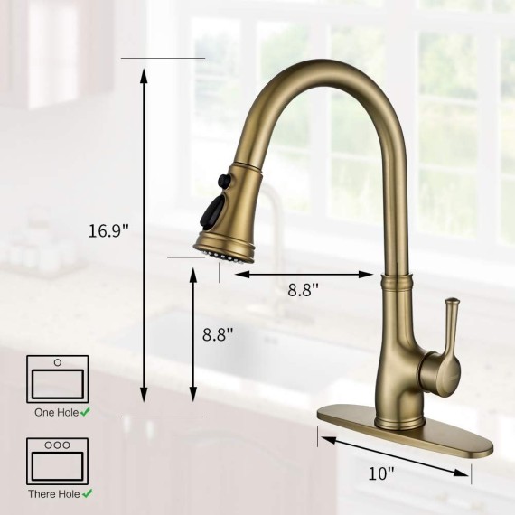 Gold Kitchen Sink Faucet with Pull Out Sprayer, Brushed Gold Copper Single Handle 1 Hole Pull Down Kitchen Faucet, Champagne Bronze,with Gold Soap Dispenser