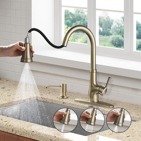 Gold Kitchen Sink Faucet with Pull Out Sprayer, Brushed Gold Copper Single Handle 1 Hole Pull Down Kitchen Faucet, Champagne Bronze,with Gold Soap Dispenser