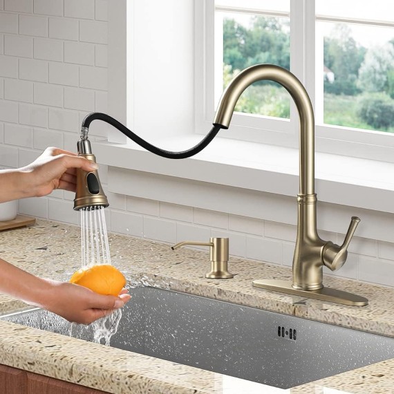 Gold Kitchen Sink Faucet with Pull Out Sprayer, Brushed Gold Copper Single Handle 1 Hole Pull Down Kitchen Faucet, Champagne Bronze,with Gold Soap Dispenser