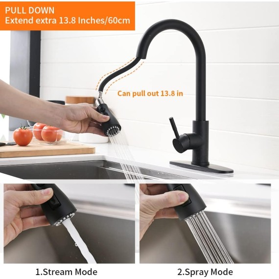 Touchless Kitchen Faucet with Pull Down Sprayer LED Light Single Handle Kitchen Sink Faucet Motion Sensor Smart Hands-Free, Stainless Steel Black 1072R