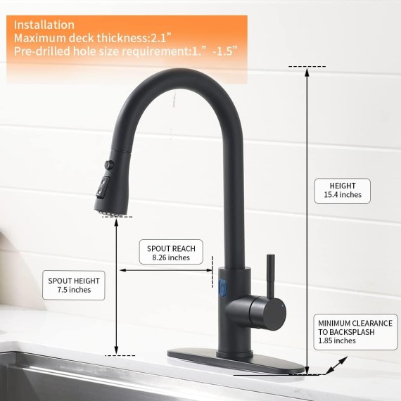 Touchless Kitchen Faucet with Pull Down Sprayer LED Light Single Handle Kitchen Sink Faucet Motion Sensor Smart Hands-Free, Stainless Steel Black 1072R