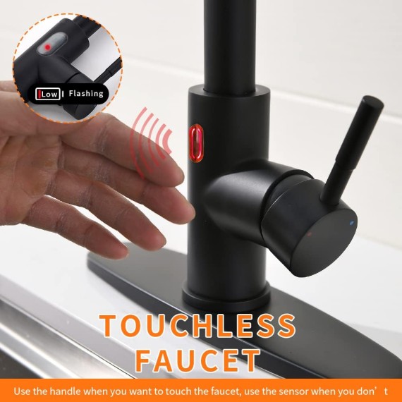 Touchless Kitchen Faucet with Pull Down Sprayer LED Light Single Handle Kitchen Sink Faucet Motion Sensor Smart Hands-Free, Stainless Steel Black 1072R