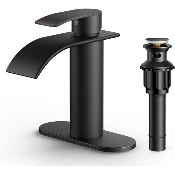 Waterfall Bathroom Faucets 1 Hole, Matte Black Single Handle Bathroom Sink Faucet with Metal Pop up Drain and Supply Hoses, Lead-Free Faucet for Bathroom Sink, Vanity