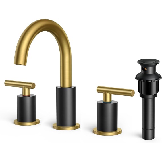 Black and Gold Bathroom Faucet 3 Hole, 8 Inch Widespread Bathroom Faucet Black&Gold with Metal Pop-up Drain, Two Handle Modern Vanity Faucet with UPC Supply Lines, 6" Gold Bathroom Faucet