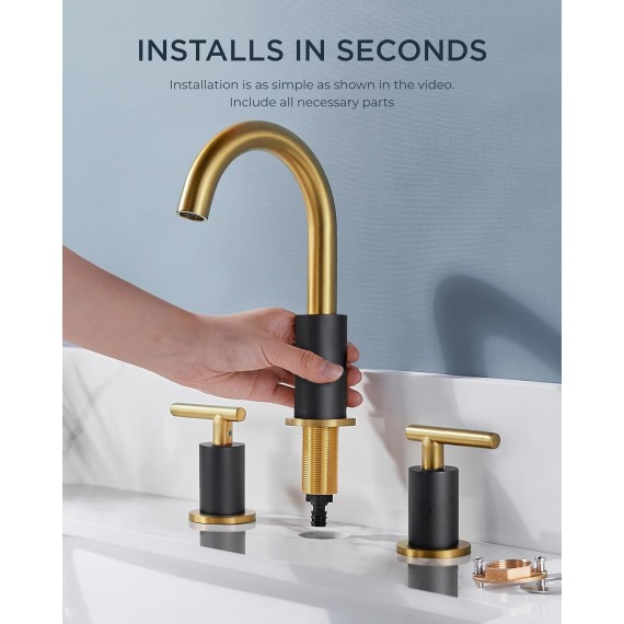 Black and Gold Bathroom Faucet 3 Hole, 8 Inch Widespread Bathroom Faucet Black&Gold with Metal Pop-up Drain, Two Handle Modern Vanity Faucet with UPC Supply Lines, 6" Gold Bathroom Faucet