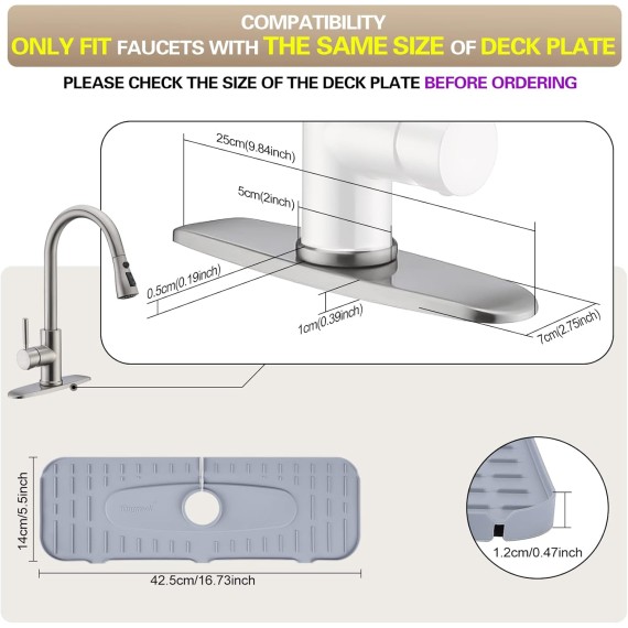 Silicone Faucet Mat, Kingmall Kitchen Faucet Mat Silicone Faucet Drip Catcher for Kitchen Faucet Drip Catcher Silicone Sink Mats, Tailor-Made for Faucets with 1cm(0.4 Inch) Deck Plate【Light Grey】