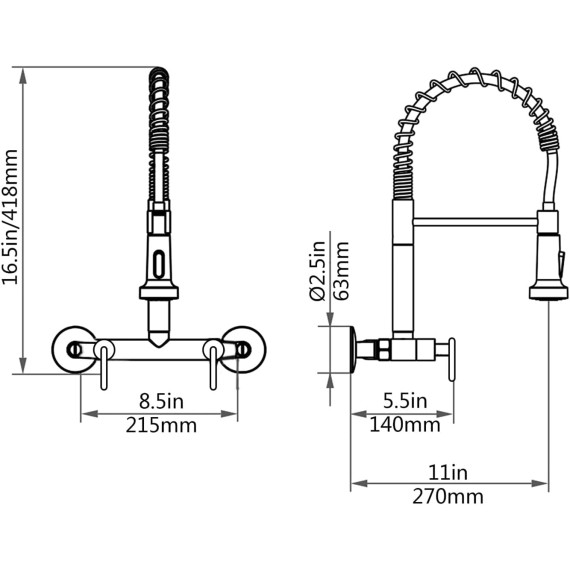 Wall Mounted Kitchen Faucet with Pull Out Sprayer, 8 Inch Center Commercial Sink Kitchen Faucet Wall Mount Faucet with Sprayer High Arc 2 Handles Facuet for Kitchen Sink, Chrome