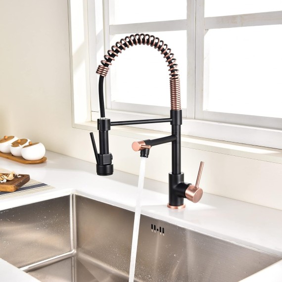 Classical Kitchen Faucet,BrasKitchen Sink Faucets in Copper Finish,Copper and Black Kitchen Faucet with Pull Down Sprayer,Rose Gold Kitchen Faucet with Brass Sprayer,Matte Black/CopperFinish