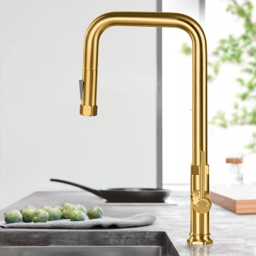 Gold Kitchen Faucets Brass Kitchen Faucets with Pull Down Sprayer Modern Single Handle Kitchen Sink Faucets with Deck Plate Kitchen Faucet Gold for 1 or 3 Hole Sink