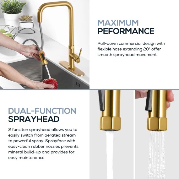 Gold Kitchen Faucets Brass Kitchen Faucets with Pull Down Sprayer Modern Single Handle Kitchen Sink Faucets with Deck Plate Kitchen Faucet Gold for 1 or 3 Hole Sink